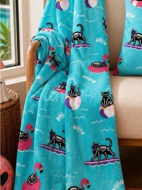 Summerween Blue Skeleton Cats Flamingos Ocean Vibes Plush Throw 50x60